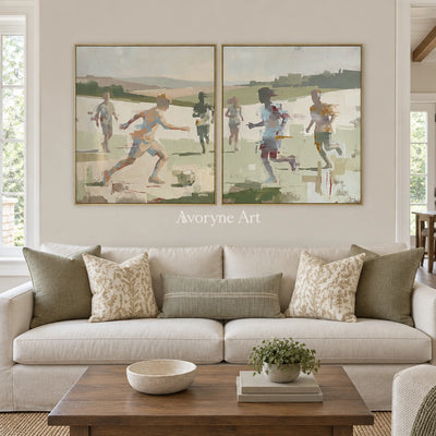 Faint Trace motion figure diptych with a gold frame hanging in a living room