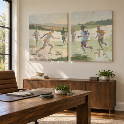 Faint Trace motion figure diptych as a frameless stretched canvas in a home office