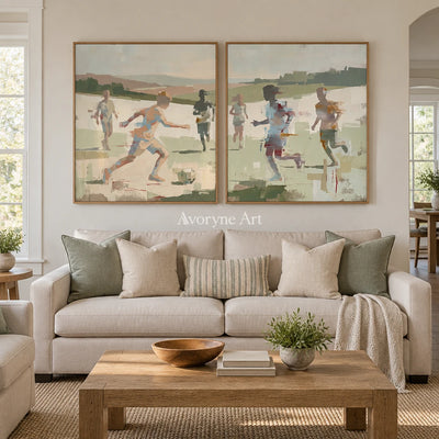 Faint Trace motion figure diptych with a wood frame in a villa living space