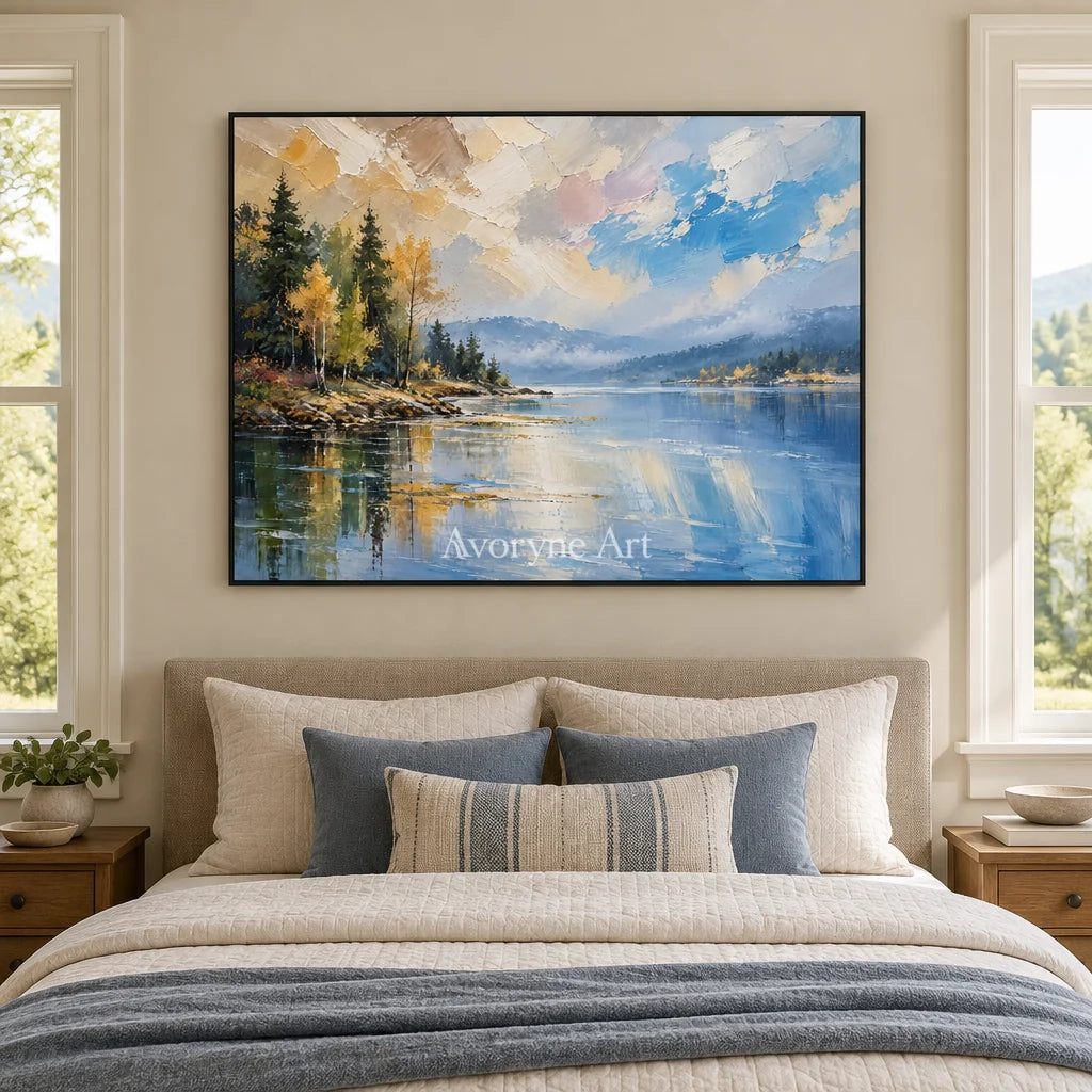 Pinewater: Mountain Lake Landscape Wall Art — bedroom black