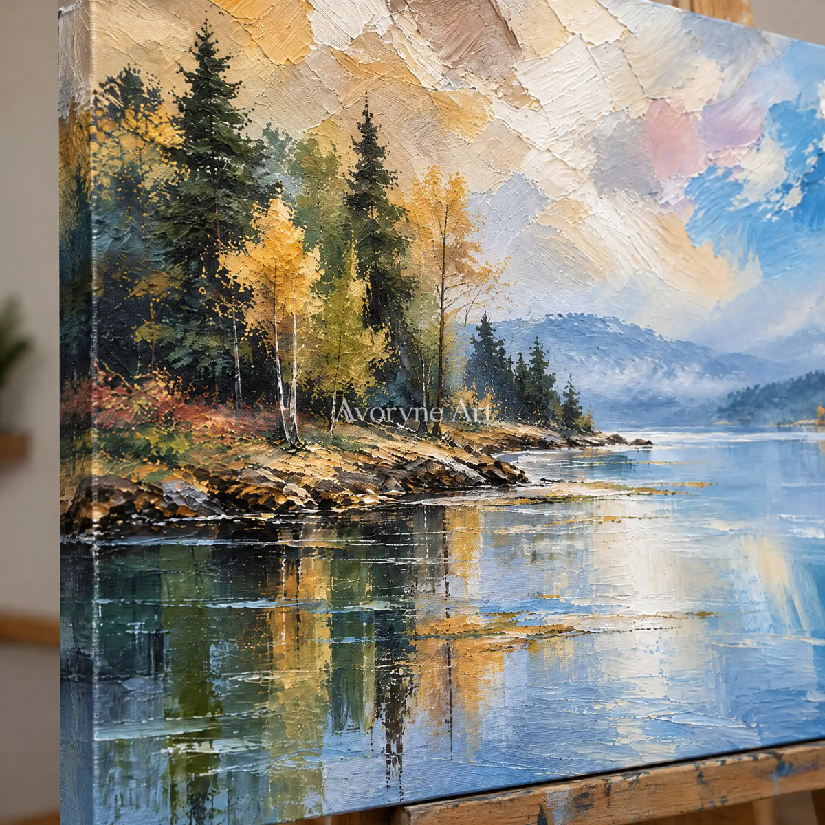 Pinewater: Mountain Lake Landscape Wall Art — detail easel