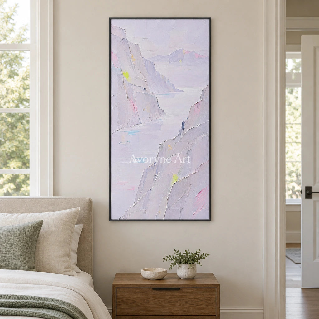 Tender Passage mountain landscape wall art with a black frame above a bed in a bedroom