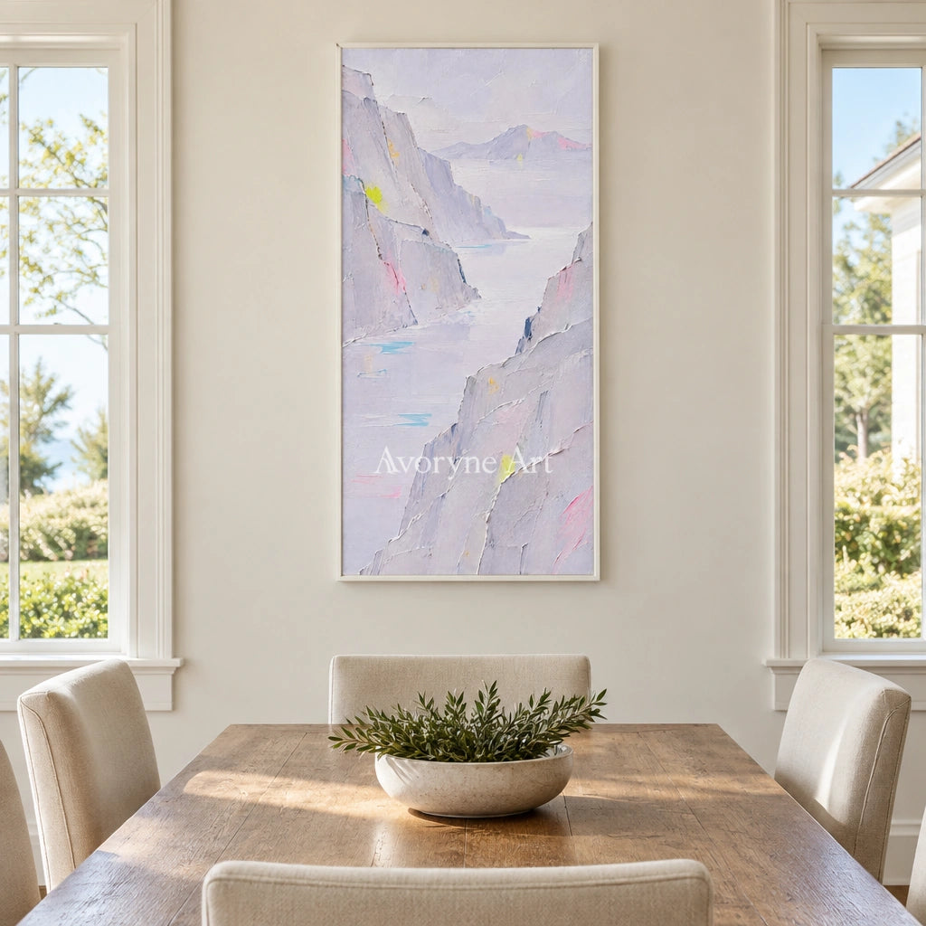 Tender Passage mountain landscape wall art with a white frame in a dining room