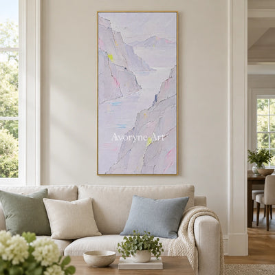 Tender Passage mountain landscape wall art with a gold frame hanging in a living room