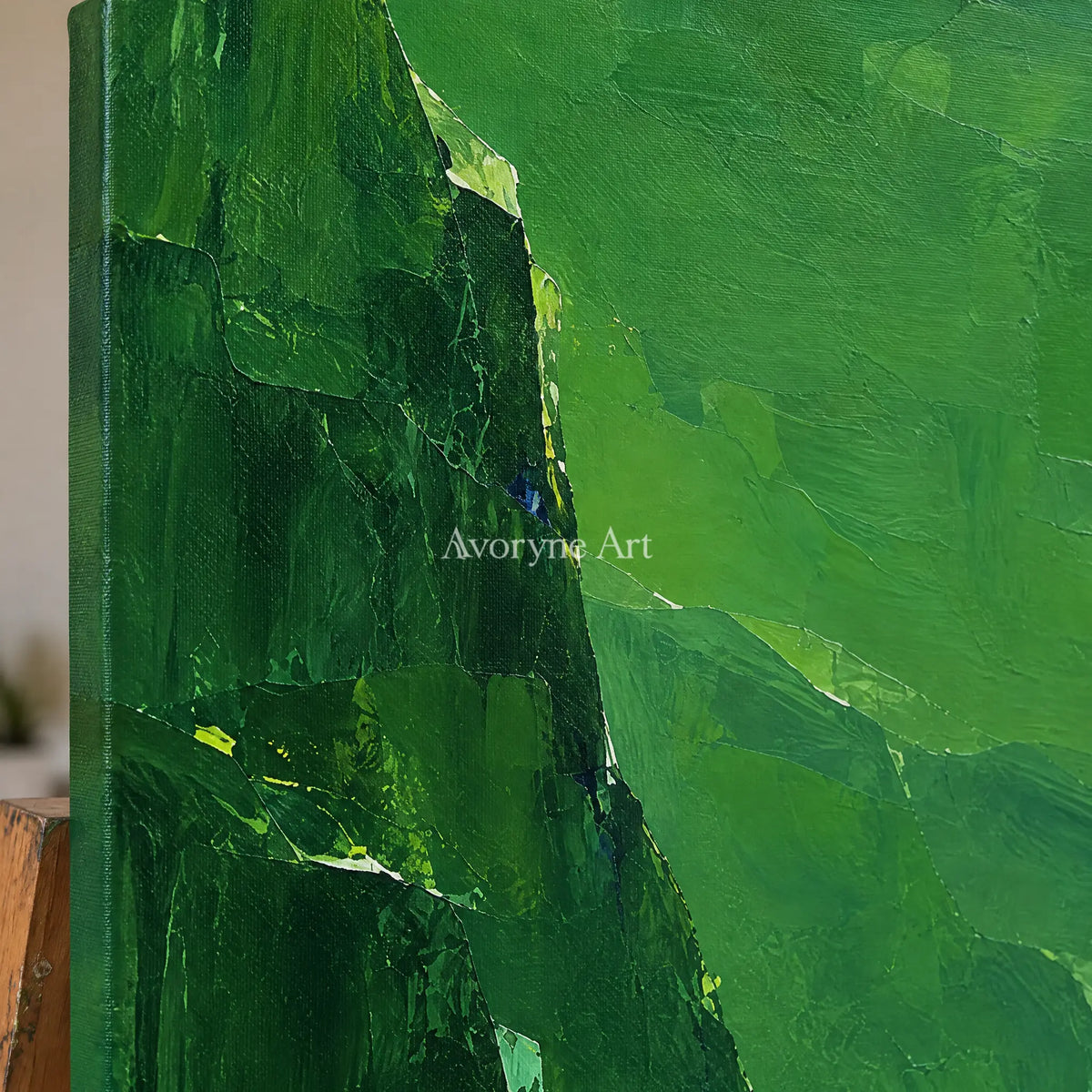 Close-up of the hand-painted texture of Tender Interval mountain landscape wall art on an easel