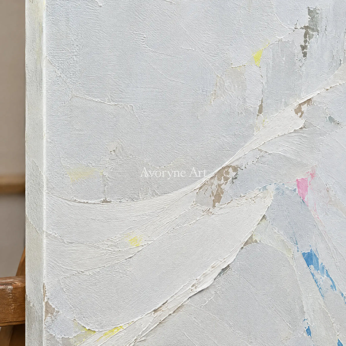 Close-up of the hand-painted texture of Tender Horizon mountain landscape wall art on an easel
