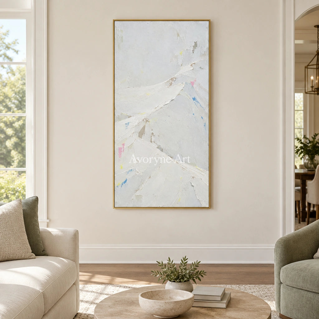 Tender Horizon mountain landscape wall art with a gold frame hanging in a living room