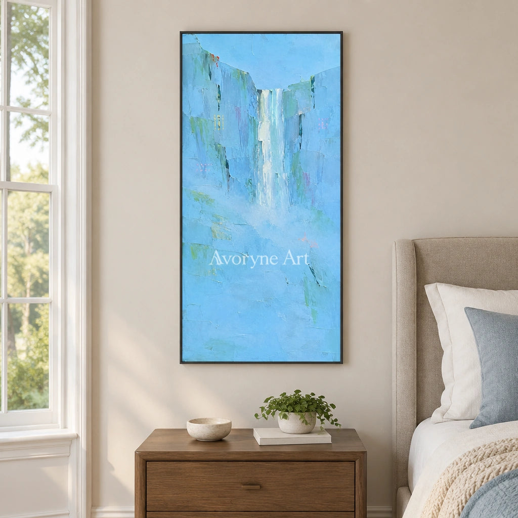Tender Mosaic mountain landscape wall art with a black frame above a bed in a bedroom