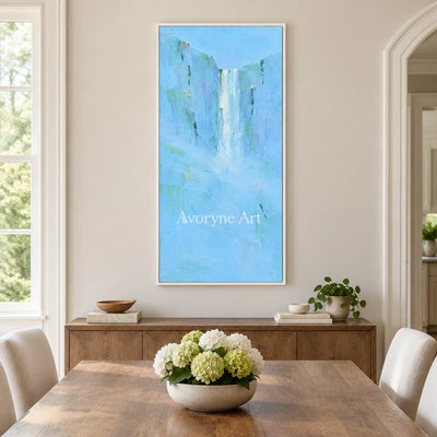 Tender Mosaic mountain landscape wall art with a white frame in a dining room