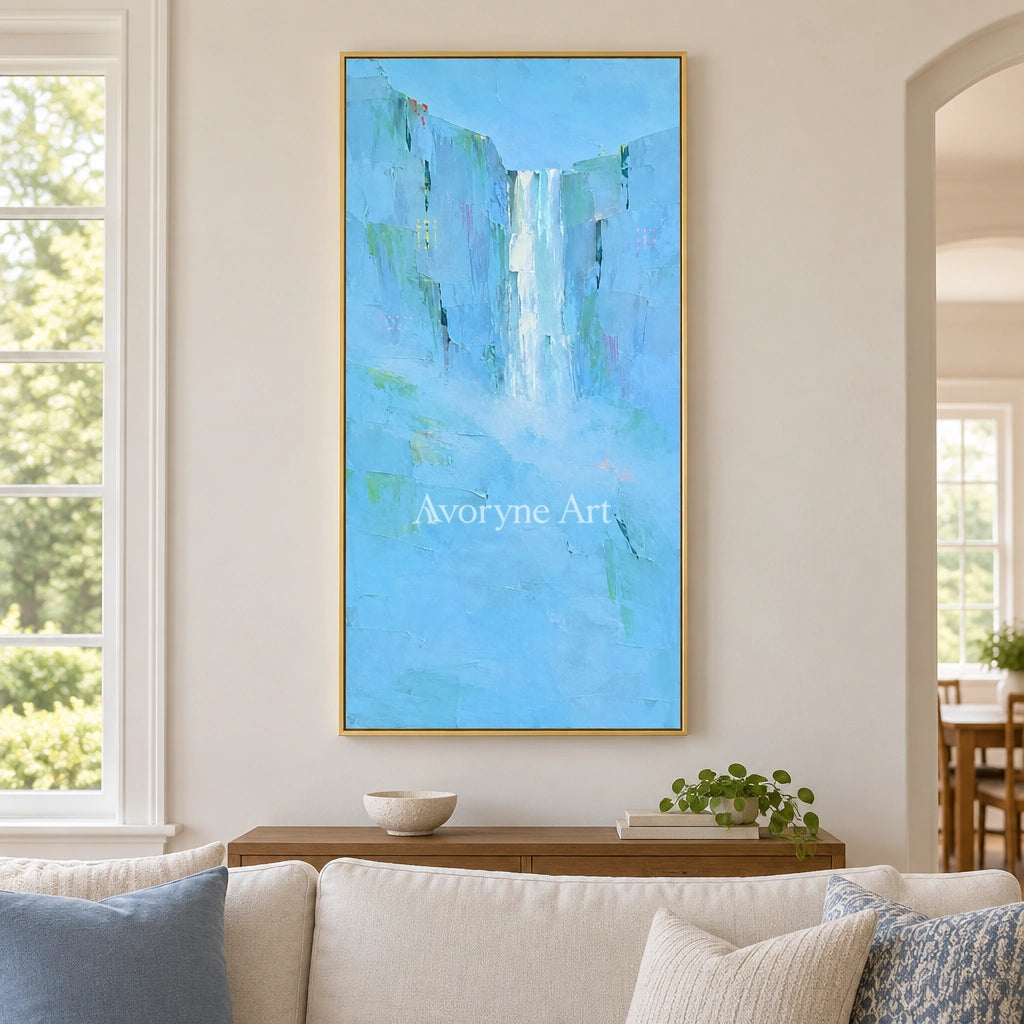 Tender Mosaic mountain landscape wall art with a gold frame hanging in a living room