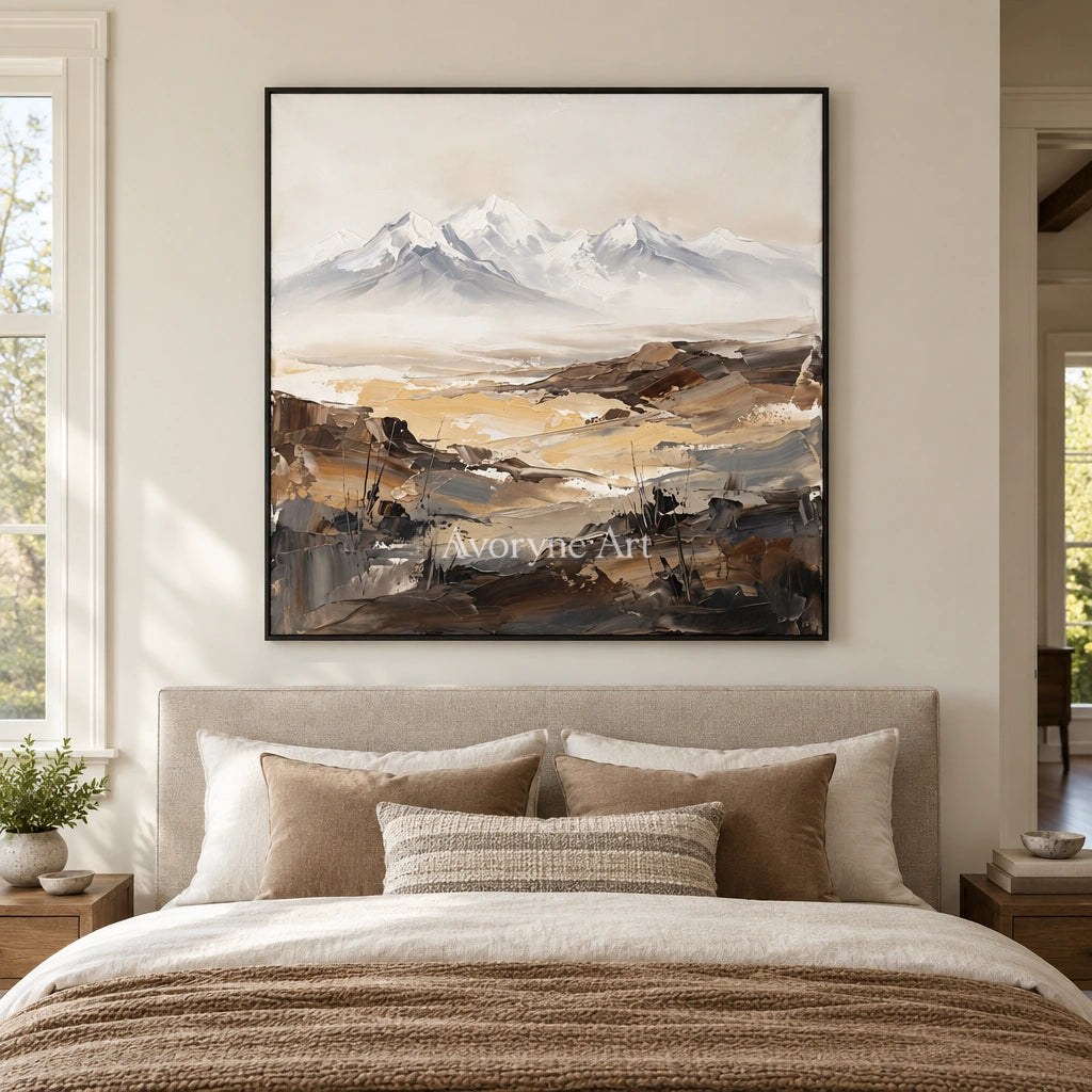 Winding Rhythm mountain landscape wall art with a black frame above a bed in a bedroom