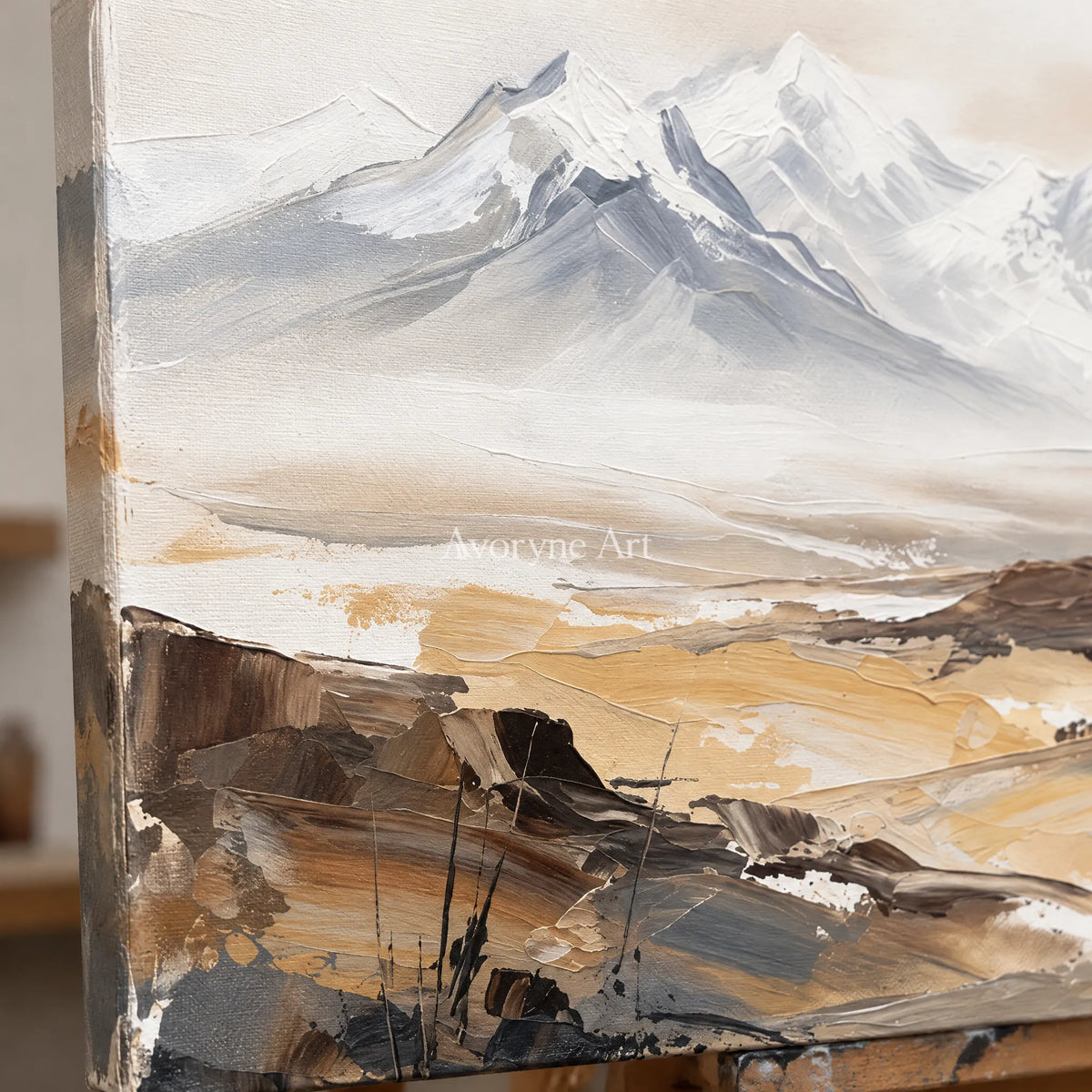 Close-up of the hand-painted texture of Winding Rhythm mountain landscape wall art on an easel
