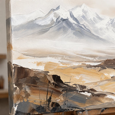 Close-up of the hand-painted texture of Winding Rhythm mountain landscape wall art on an easel