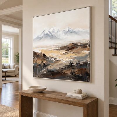 Winding Rhythm mountain landscape wall art with a silver frame in an entryway