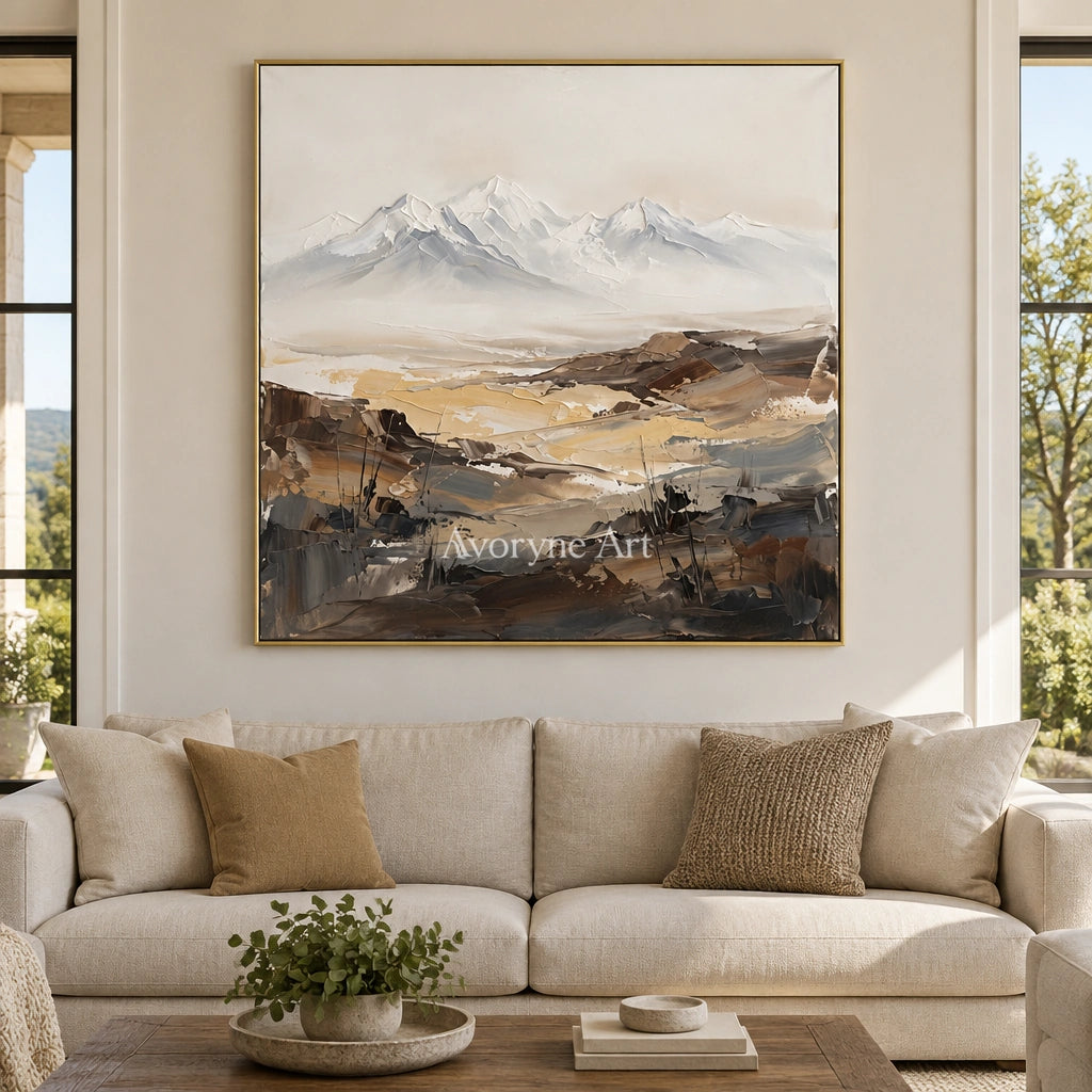Winding Rhythm mountain landscape wall art with a gold frame hanging in a living room