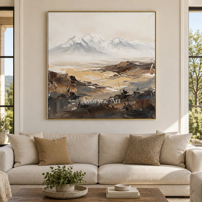 Winding Rhythm mountain landscape wall art with a gold frame hanging in a living room