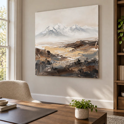 Winding Rhythm mountain landscape wall art as a frameless stretched canvas in a home office
