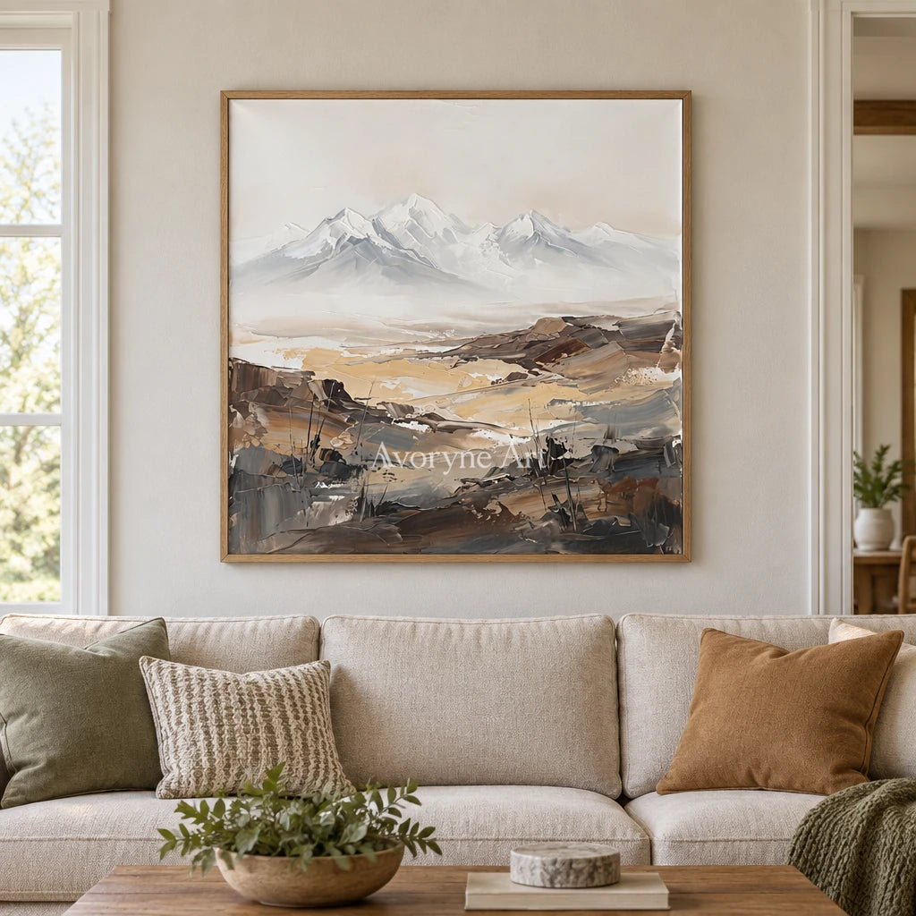 Winding Rhythm mountain landscape wall art with a wood frame in a villa living space