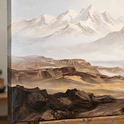 Close-up of the hand-painted texture of Winding Horizon mountain landscape wall art on an easel
