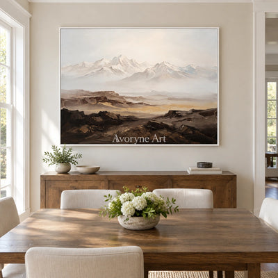 Winding Horizon mountain landscape wall art with a white frame in a dining room