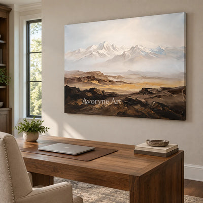 Winding Horizon mountain landscape wall art as a frameless stretched canvas in a home office