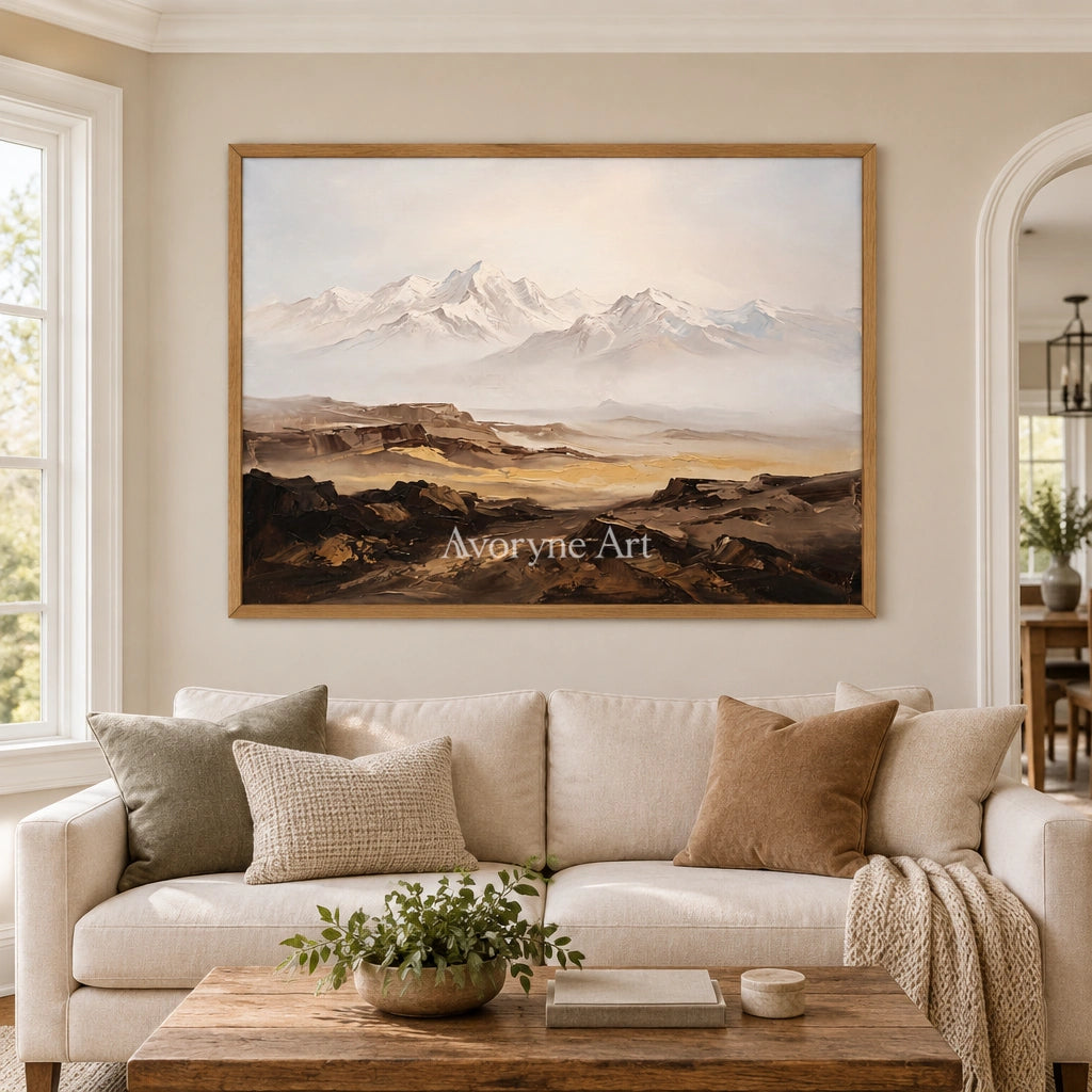 Winding Horizon mountain landscape wall art with a wood frame in a villa living space