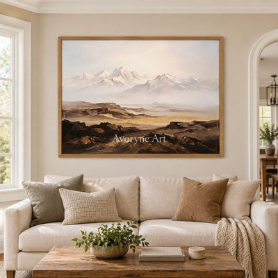 Winding Horizon mountain landscape wall art with a wood frame in a villa living space