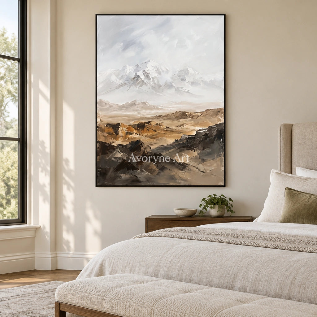 Winding Gesture mountain landscape wall art with a black frame above a bed in a bedroom