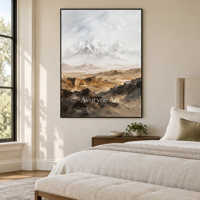 Winding Gesture mountain landscape wall art with a black frame above a bed in a bedroom