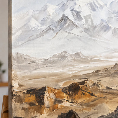 Close-up of the hand-painted texture of Winding Gesture mountain landscape wall art on an easel