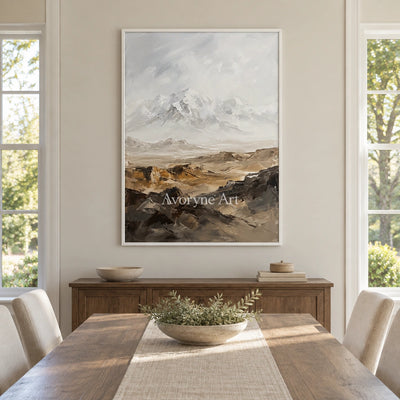 Winding Gesture mountain landscape wall art with a white frame in a dining room
