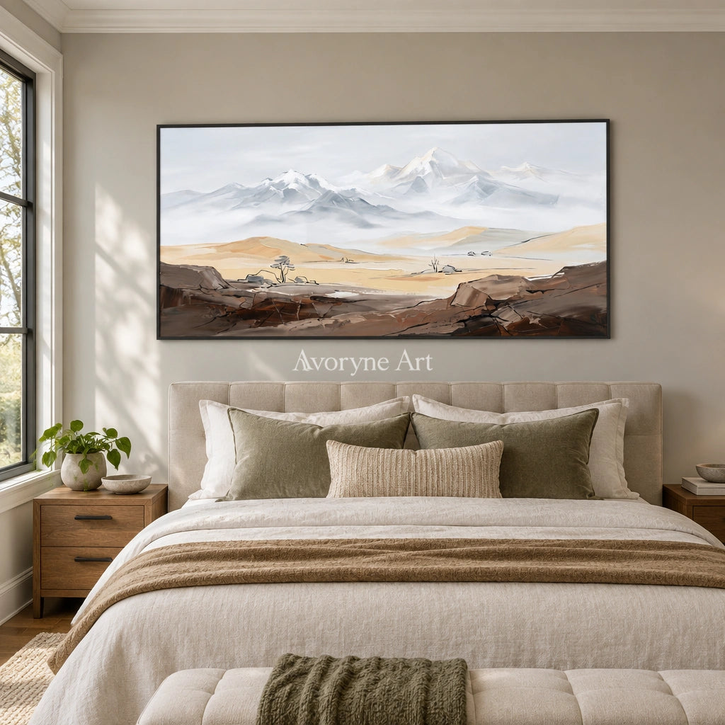 Winding Memory mountain landscape wall art with a black frame above a bed in a bedroom