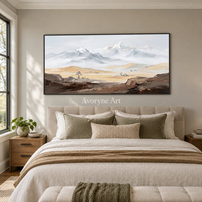 Winding Memory mountain landscape wall art with a black frame above a bed in a bedroom