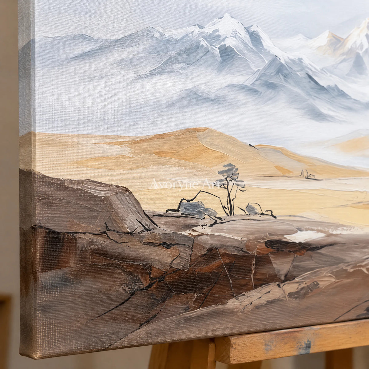 Close-up of the hand-painted texture of Winding Memory mountain landscape wall art on an easel