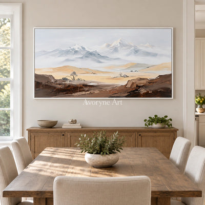 Winding Memory mountain landscape wall art with a white frame in a dining room
