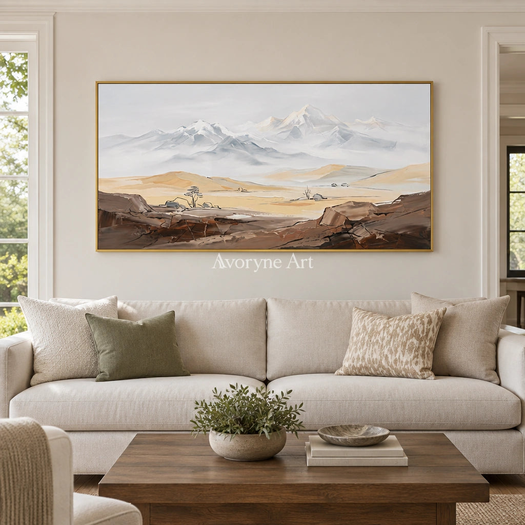 Winding Memory mountain landscape wall art with a gold frame hanging in a living room