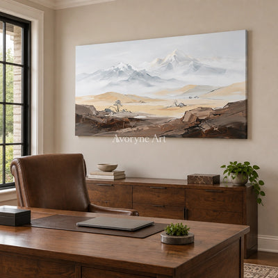 Winding Memory mountain landscape wall art as a frameless stretched canvas in a home office