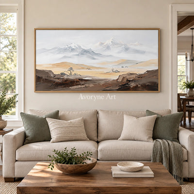 Winding Memory mountain landscape wall art with a wood frame in a villa living space