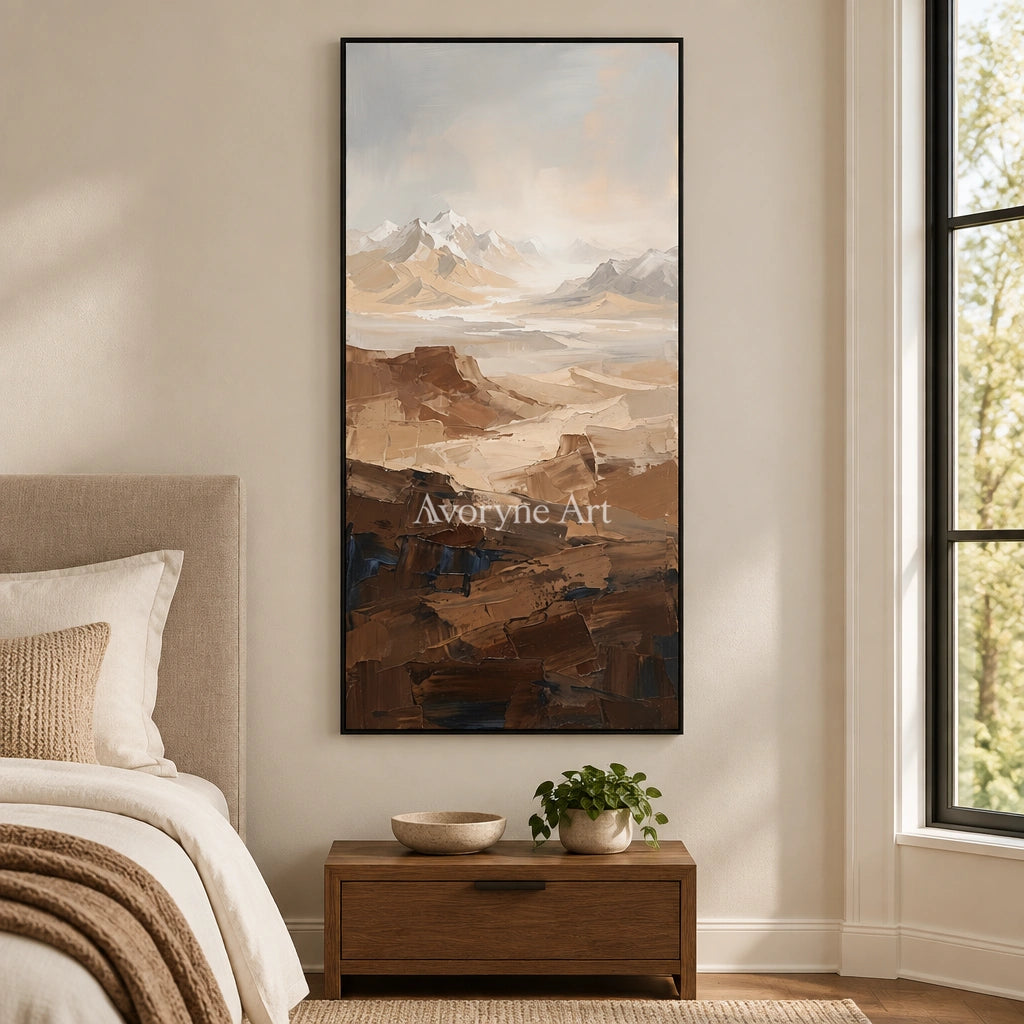 Winding Prelude mountain landscape wall art with a black frame above a bed in a bedroom