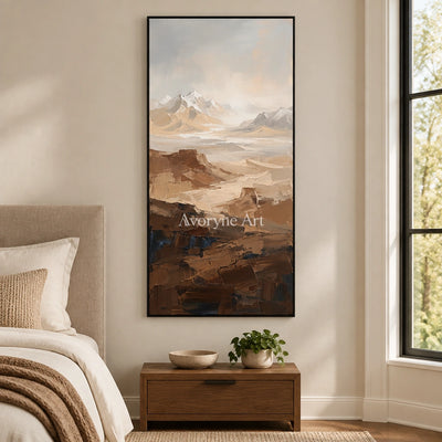 Winding Prelude mountain landscape wall art with a black frame above a bed in a bedroom