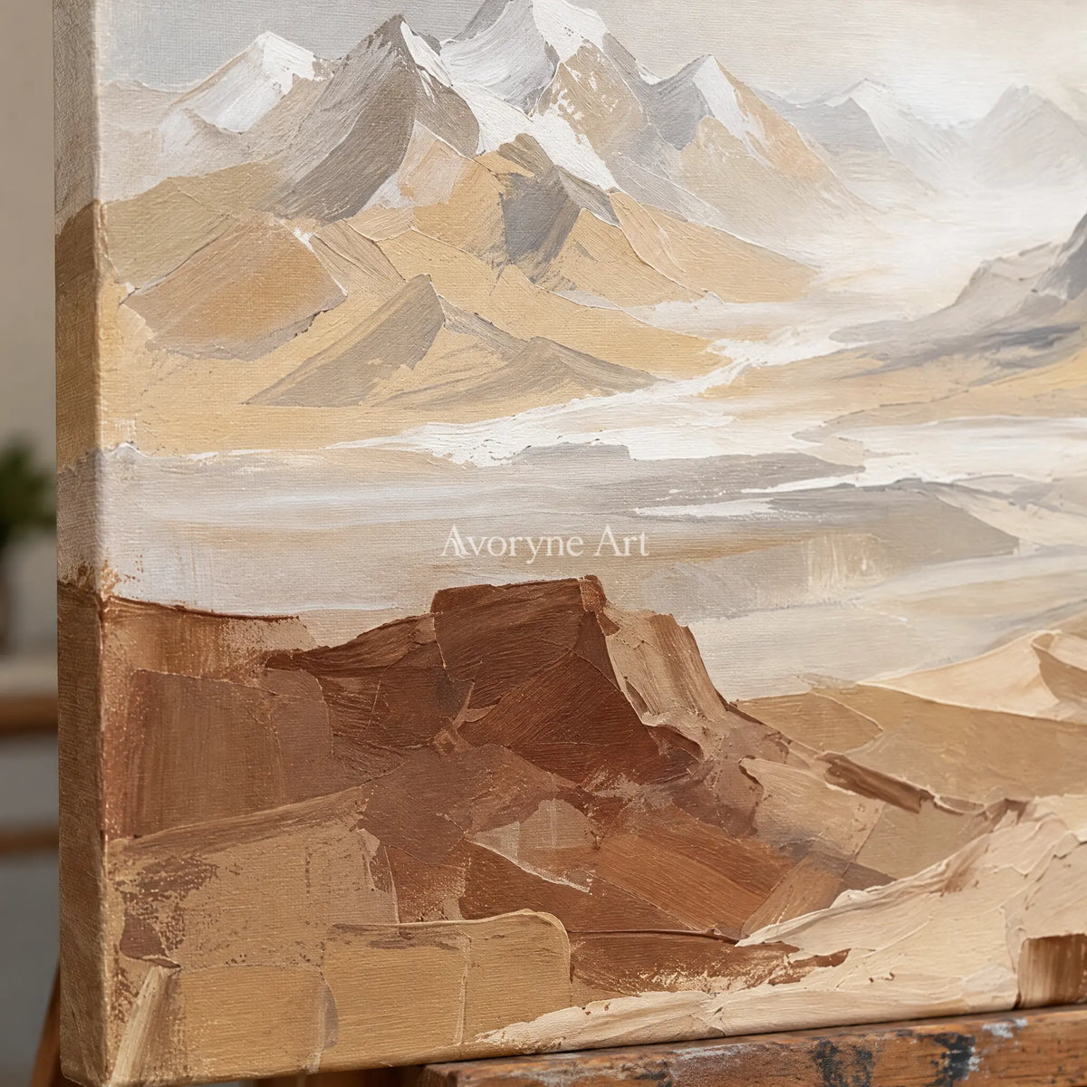 Close-up of the hand-painted texture of Winding Prelude mountain landscape wall art on an easel