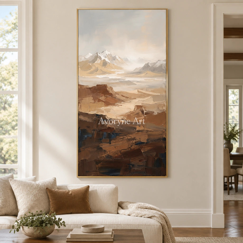 Winding Prelude mountain landscape wall art with a gold frame hanging in a living room