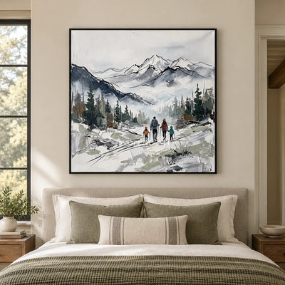 Silver Horizon mountain landscape wall art with a black frame above a bed in a bedroom