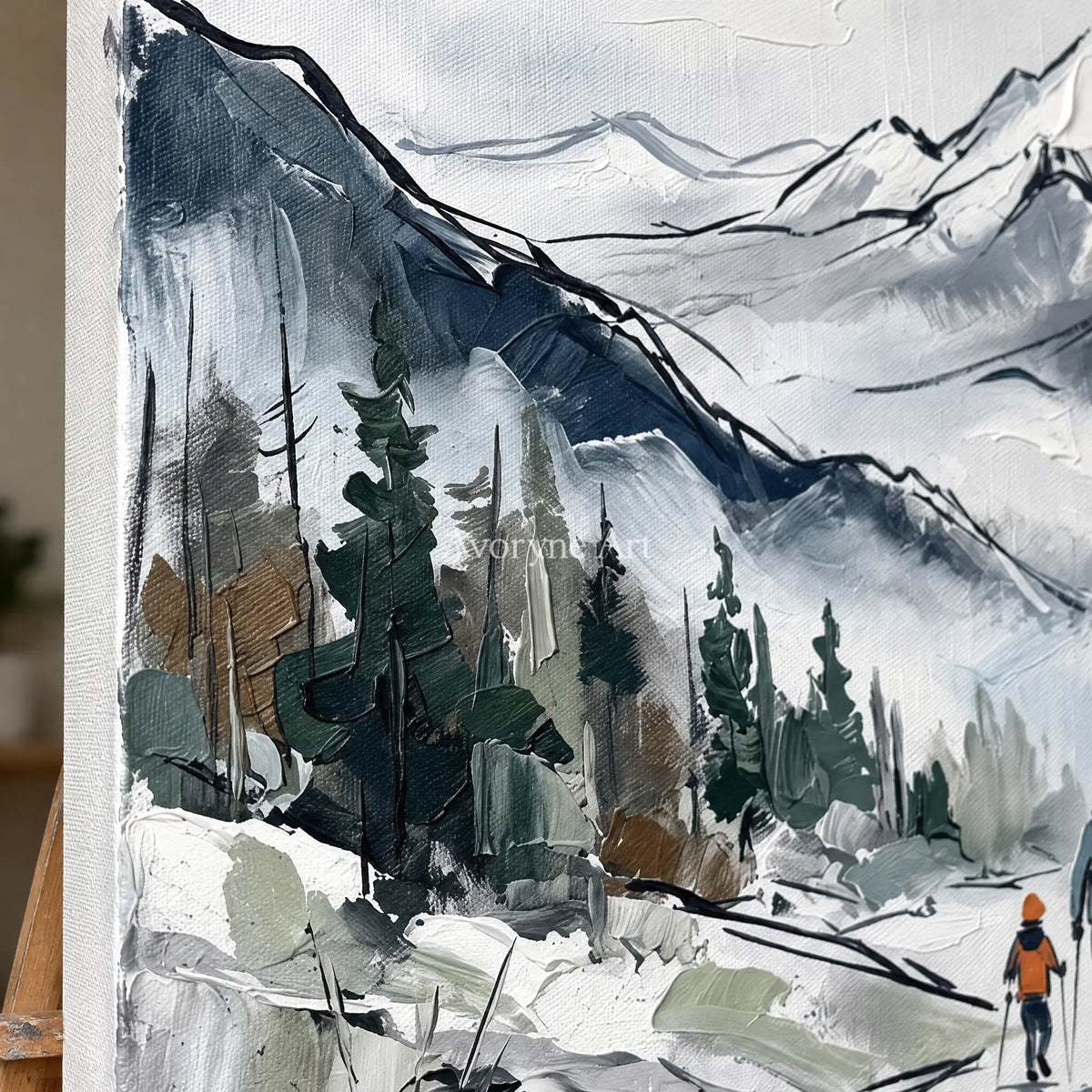 Close-up of the hand-painted texture of Silver Horizon mountain landscape wall art on an easel