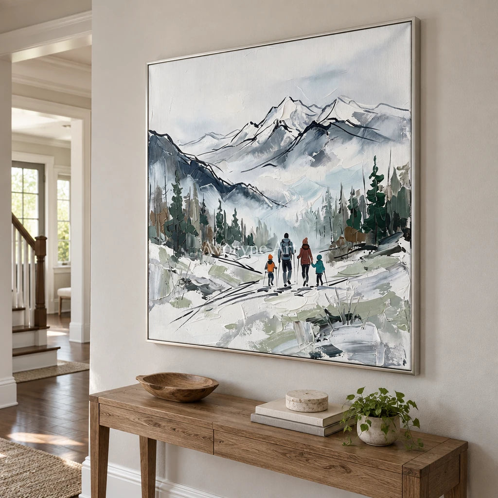 Silver Horizon mountain landscape wall art with a silver frame in an entryway