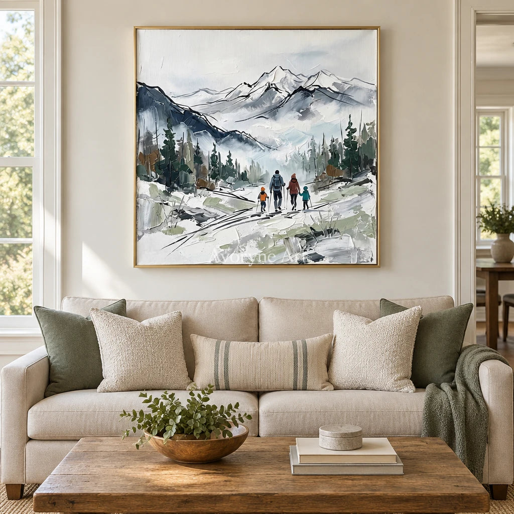 Silver Horizon mountain landscape wall art with a gold frame hanging in a living room