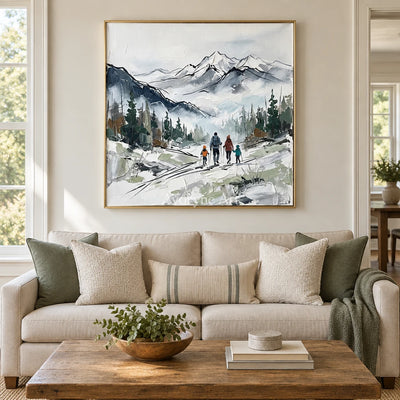 Silver Horizon mountain landscape wall art with a gold frame hanging in a living room