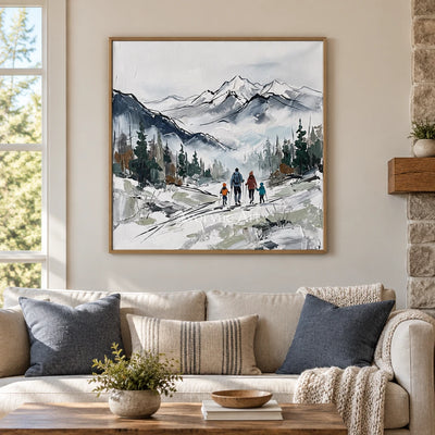 Silver Horizon mountain landscape wall art with a wood frame in a villa living space
