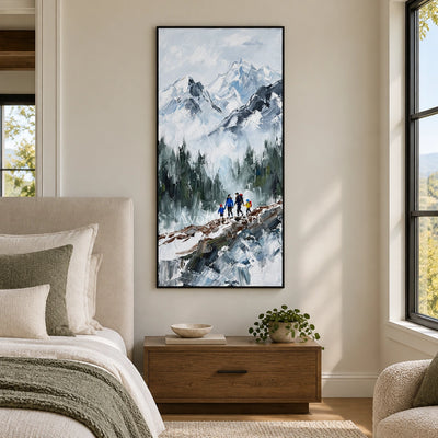 Silver Drift mountain landscape wall art with a black frame above a bed in a bedroom