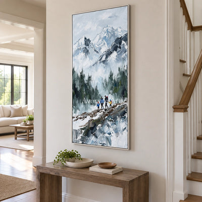 Silver Drift mountain landscape wall art with a silver frame in an entryway